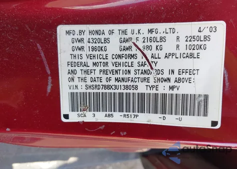 2003 Honda Cr-V Ex из США, поврежденный, VIN SHSRD788X3U138058